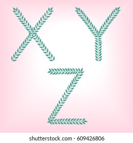 X, Y, Z. Vector green alphabet set of eco letters logo with leaves
