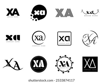 Modelo da empresa de logotipo XA. Letra x e um logotipo. Defina diferentes letras serifas clássicas e texto em negrito moderno com elementos de design. Tipografia inicial da fonte. Coleção de identidade de negócios na moda.