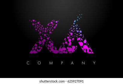 XA X A Letter Logo with Purple Blue Particles and Bubble Dots Design Vector.