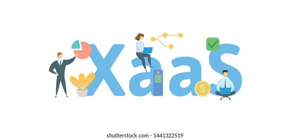 XaaS, Anything-as-a-Service. Concept with people, letters and icons. Colored flat vector illustration. Isolated on white background.