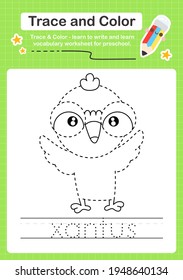 Xantus bird trace and color preschool worksheet trace for kids for practicing fine motor skills