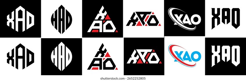 XAO letter logo design in six style. XAO polygon, circle, triangle, hexagon, flat and simple style with black and white color variation letter logo set in one artboard. XAO minimalist and classic logo