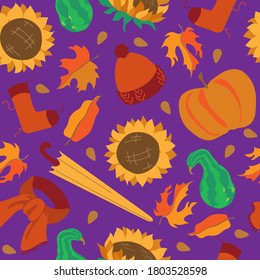 xAutumn seamless pattern. Pumpkin, umbrella, hat, scarf. Print for bed linen, textiles, clothing, notebook cover.  Autumn leaves on purple background.