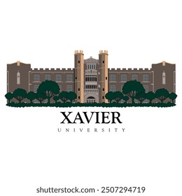 Xavier University Hauptgebäude, Vektorgrafik mit Bäumen vor, druckfertig eps file, cincinnati, norwood, evanston, hyde park, spring groove, indianapolis, lexington, bloomington