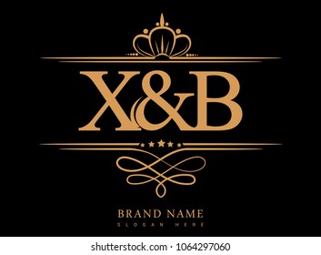 X&B Initial logo, Ampersand initial logo gold with crown and classic pattern