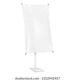 X-banner stand on base vector mockup. Blank adjustable banner display isolated on white background. Collapsible advertising sign realistic mock-up. Template for design