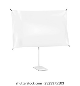 X-banner stand on base vector mockup. Blank adjustable banner display isolated on white background. Collapsible advertising sign realistic mock-up. Template for design