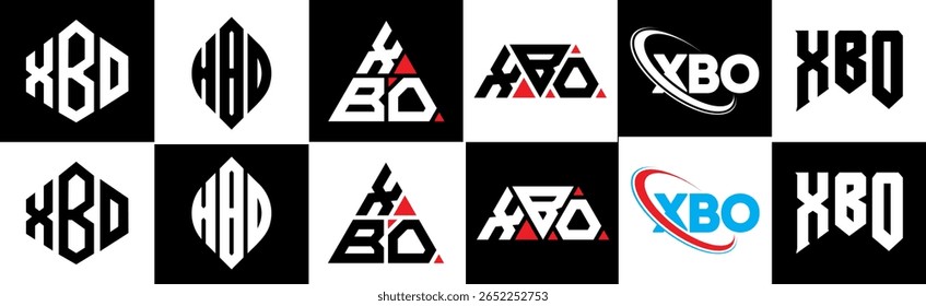 XBO letter logo design in six style. XBO polygon, circle, triangle, hexagon, flat and simple style with black and white color variation letter logo set in one artboard. XBO minimalist and classic logo