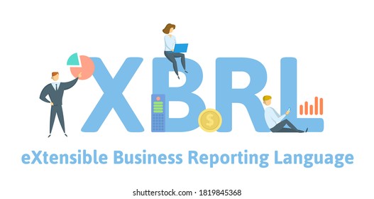 XBRL, eXtensible Business Reporting Language. Concept with keywords, people and icons. Flat vector illustration. Isolated on white background.