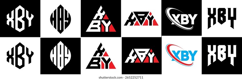 XBY letter logo design in six style. XBY polygon, circle, triangle, hexagon, flat and simple style with black and white color variation letter logo set in one artboard. XBY minimalist and classic logo