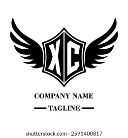 XC bold shield logo with wings, customizable with letters A to Z. Perfect for brands seeking a powerful symbol of strength, freedom, and ambition