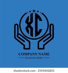 XC initials held within hands, symbolizing trust and protection. The circle represents unity, while stars highlight excellence and ambition.