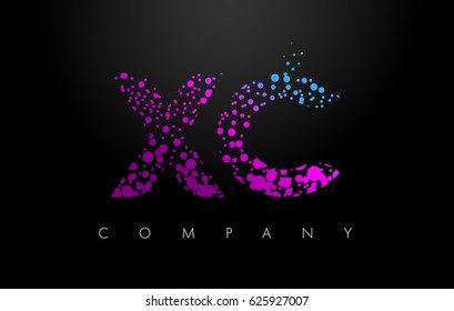 XC X C Letter Logo with Purple Blue Particles and Bubble Dots Design Vector.