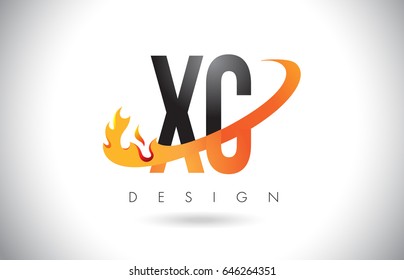 XC X C Letter Logo Design with Fire Flames and Orange Swoosh Vector Illustration.