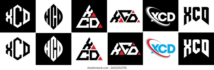 XCD letter logo design in six style. XCD polygon, circle, triangle, hexagon, flat and simple style with black and white color variation letter logo set in one artboard. XCD minimalist and classic logo
