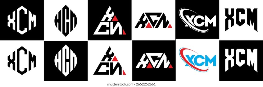XCM letter logo design in six style. XCM polygon, circle, triangle, hexagon, flat and simple style with black and white color variation letter logo set in one artboard. XCM minimalist and classic logo