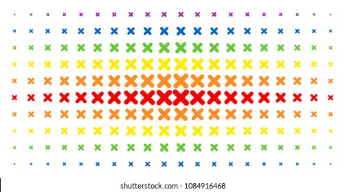 X-cross icon spectral halftone pattern. Vector x-cross shapes are arranged into halftone matrix with vertical spectral gradient. Designed for backgrounds, covers, templates and abstract concepts.