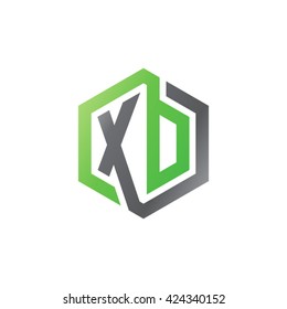 XD initial letters looping linked hexagon logo black gray green