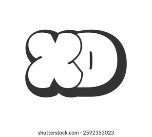 XD logo, bubble comic lettering, rounded in graffiti style black and white silhouette. Trendy preschool X and D letter text for festival party, personal initials, children funky print and web. 