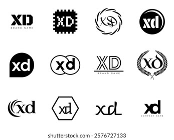 XD logo company template. Letter x and d logotype. Set different classic serif lettering and modern bold text with design elements. Initial font typography. Collection trendy business identity.