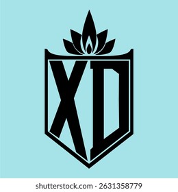 Logotipo de XD con un diseño minimalista con un símbolo de flores en forma de corona en la parte superior, Elementos negros llamativos y un fondo azul suave, perfecto para la marca y la identidad visual moderna.