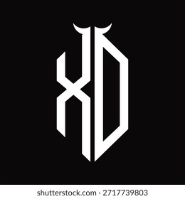 XD Logo monogram with horn shape isolated black and white design template on black background