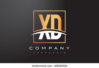 XD X D Golden Letter Logo Design with Swoosh and Rectangle Square Box Vector Design.