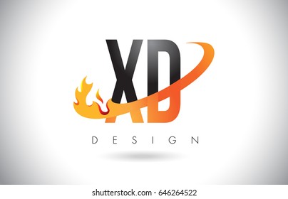 XD X D Letter Logo Design with Fire Flames and Orange Swoosh Vector Illustration.