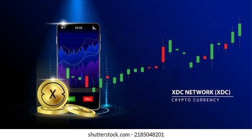 XDC Network (XDC) coin gold Online payment. Hand holding smartphone money  payment app bank. Secure mobile banking finance concept Blue background vector illustration. 3D Cryptocurrency blockchain.