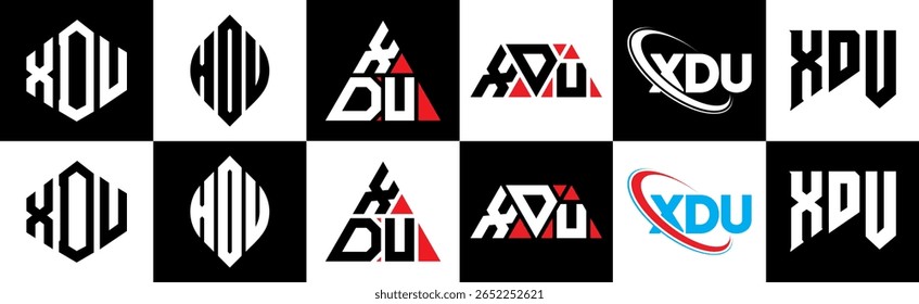 XDU letter logo design in six style. XDU polygon, circle, triangle, hexagon, flat and simple style with black and white color variation letter logo set in one artboard. XDU minimalist and classic logo