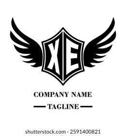XE bold shield logo with wings, customizable with letters A to Z. Perfect for brands seeking a powerful symbol of strength, freedom, and ambition