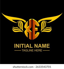XE Golden Wing Emblem Logo with elegant gold wings, sleek and modern design. Ideal for branding, creative projects, luxury businesses, or artistic ventures.