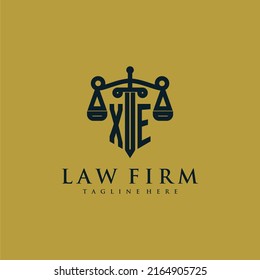 XE initial monogram for lawfirm logo with sword and scale