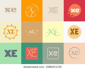 XE logo company template. Letter x and e logotype. Set different classic serif lettering and modern bold text with design elements. Initial font typography. Collection trendy business identity.