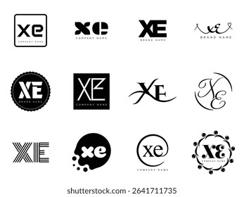 XE logo company template. Letter x and e logotype. Set different classic serif lettering and modern bold text with design elements. Initial font typography. Collection trendy business identity.