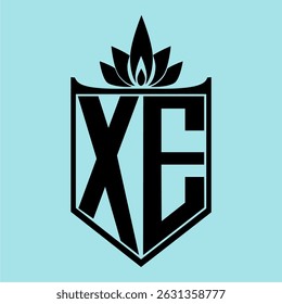 XE Logo featuring a minimalist design with a crown-like flower symbol on top, bold black elements, and a soft blue background, perfect for branding and modern visual identity.