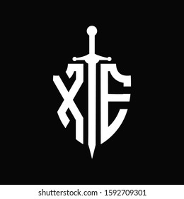 XE logo with shield shape and sword design template	