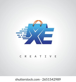 XE Shopping Monogram – Entrega rápida Logotipo de comercio electrónico con el icono del bolso y la marca digital para la tienda en línea, venta al por menor e identidad logística
