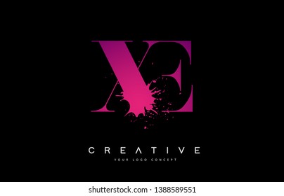 XE X E Letter Logo Design with Black Ink Watercolor Splash Spill Vector Illustration.