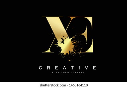 XE X E Letter Logo with Gold Melted Metal Splash Vector Design Illustration.