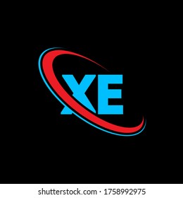 Logo Design XE X E Buchstaben. Anfangsbuchstabe XE verlinkte Kreis Großbuchstaben Monogramm Logo rot und blau. XE Logo, X E Design. x, x e