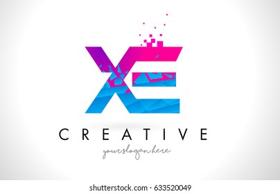 XE X E Letter Logo with Broken Shattered Blue Pink Triangles Texture Design Vector Illustration.