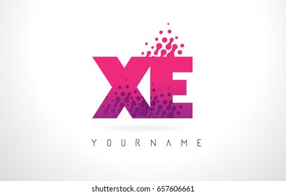 XE X E Letter Logo with Pink Letters and Purple Color Particles Dots Design.