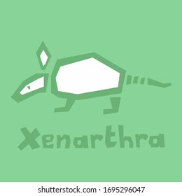 Xenarthra. Illustration of a cute cartoon armadillo. An ancient lineage of mammals. Brutal modern style. Light cold green background, thick outline, text. Interactive card, learning English alphabet