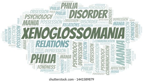 Xenoglossomania word cloud. Type of mania, made with text only.