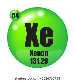 Ícone Xenon. Xe elemento químico. Número atômico 54. Massa 131,29. Esfera verde.