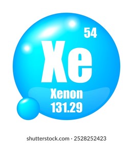 Xenon icon. Xe chemical element. Atomic number 54. Mass 131.29. Blue sphere.