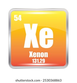 Ícone Xenon. Xe elemento químico. Número atômico 54. Massa 131,29. Quadrado laranja.