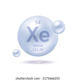 Xenon molecule models purple gray and chemical formulas scientific element. Ecology and biochemistry concept. Isolated spheres on white background. 3D Vector Illustration.