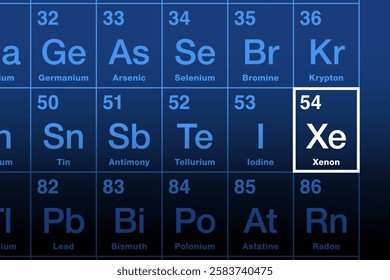 Xenon on the periodic table of the elements. Noble gas with the atomic number 54 and symbol Xe from Greek xenon, meaning foreign. Used in lamps, as anesthetic and neutron absorber in nuclear reactors.